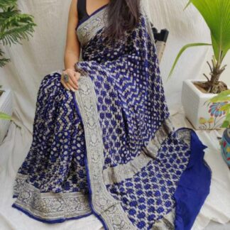 Dark Blue Banarasi Bandhani Junglo saree Saree
