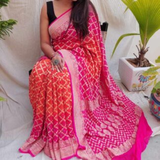 Orange-Pink Banarasi Bandhani Junglo saree Bandhani Saree