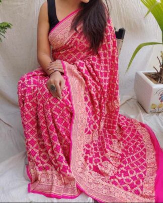 Fuchsia Pink Banarasi Bandhani Junglo saree Banarasi Bandhani Sarees