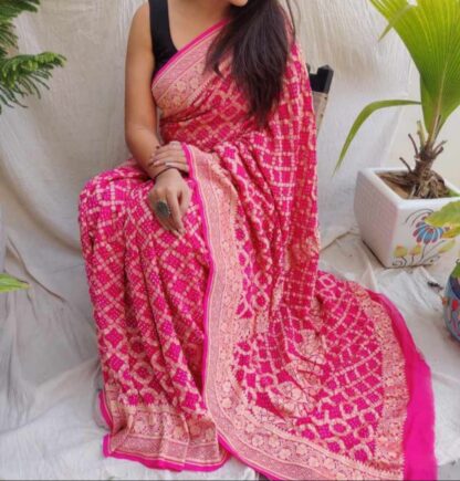 Fuchsia Pink Banarasi Bandhani Junglo saree Banarasi Bandhani Sarees