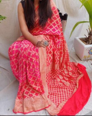 Pink-Red Banarasi Bandhani Junglo saree Banarasi Bandhani Sarees