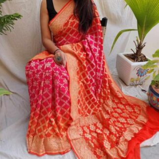 Pink-Orange Banarasi Bandhani Junglo saree Banarasi Saree