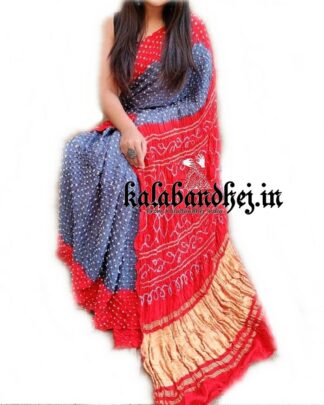 Grey-Red Designer Gaji Silk Bandhani  Saree Bandhani