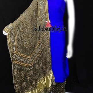 Blue-Chickoo Ivory Bandhani Gaji Silk Dress Material Bandhani