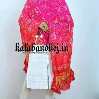 Pink-Red Bandhani Dupatta BavanBarg Pure Gaji Silk Bandhani