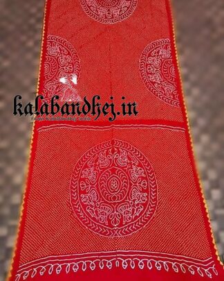 Red Bandhani Gaji Silk Saree Ras Mandal Designs Bandhani