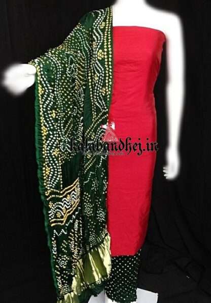 Red-Green Bandhani Gaji Silk Dress Material Bandhani