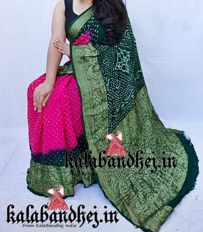 Pink-Green Kanchipuram Bandhani Saree In Georgette Silk Bandhani