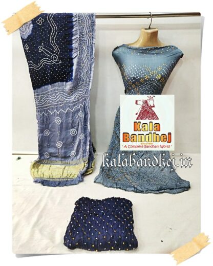 Silver-Black Bandhani Gaji Silk Dress Material Designer Bandhani