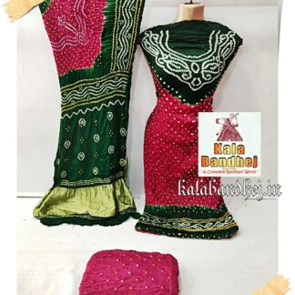 Green-Red Bandhani Gaji Silk Dress Material Designer Bandhani