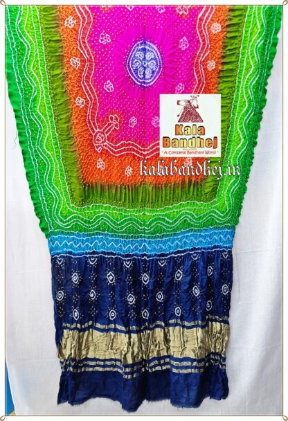 Multi Color Dupatta Bandhani In Pure Gaji Silk Lagdi Patto Bandhani