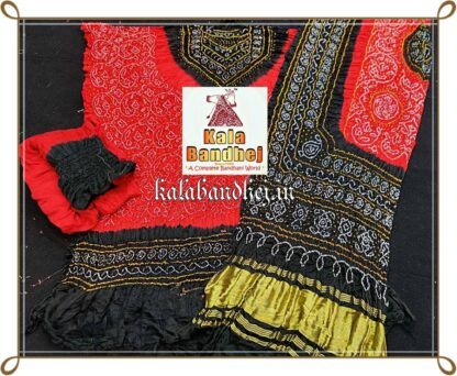 Black Red Bandhani Dress Material In Pure Gaji Silk Designer Bandhani