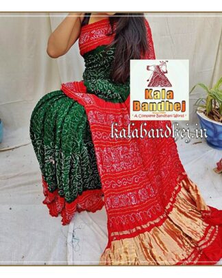 Red-Green Designer Saree Bandhani In Pure Gaji Silk Bandhani