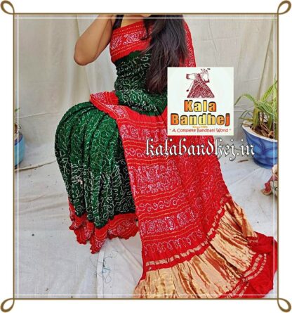 Red-Green Designer Saree Bandhani In Pure Gaji Silk Bandhani