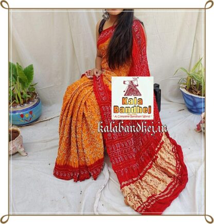 Red-Mustered Designer Saree Bandhani In Pure Gaji Silk Bandhani
