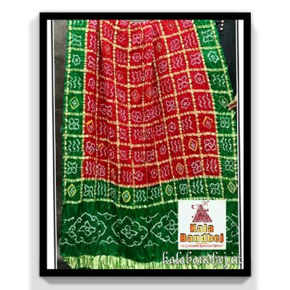 Green-Blood Red Gharchola Dupatta Bandhani In Pure Gaji Silk Bandhani