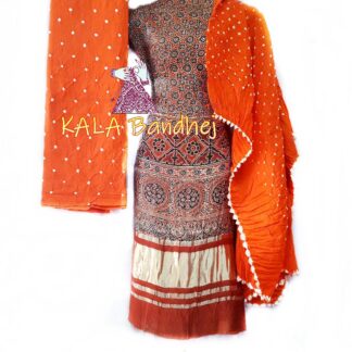 Ajrak Orange Bandhani Gaji Silk Dress Material Ajrak Bandhani Dress