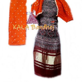 Ajrak Orange Bandhani Gaji Silk Dress Material Ajrak Bandhani Dress