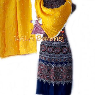 Blue Ajrak Yellow Bandhani Gaji Silk Dress Material Ajrak Bandhani Dress