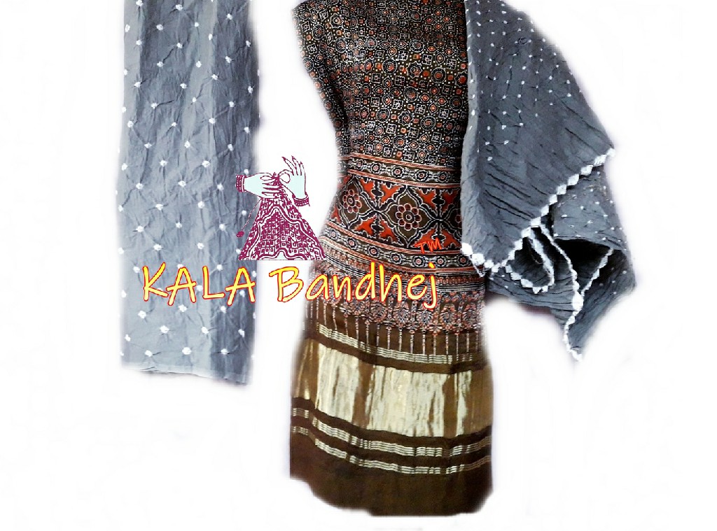 Ajrak Silver Bandhani Gaji Silk Dress Material Ajrak Bandhani Dress