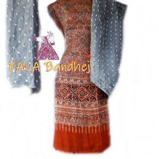 Rust Ajrak Silver Bandhani Gaji Silk Dress Material Ajrak Bandhani Dress