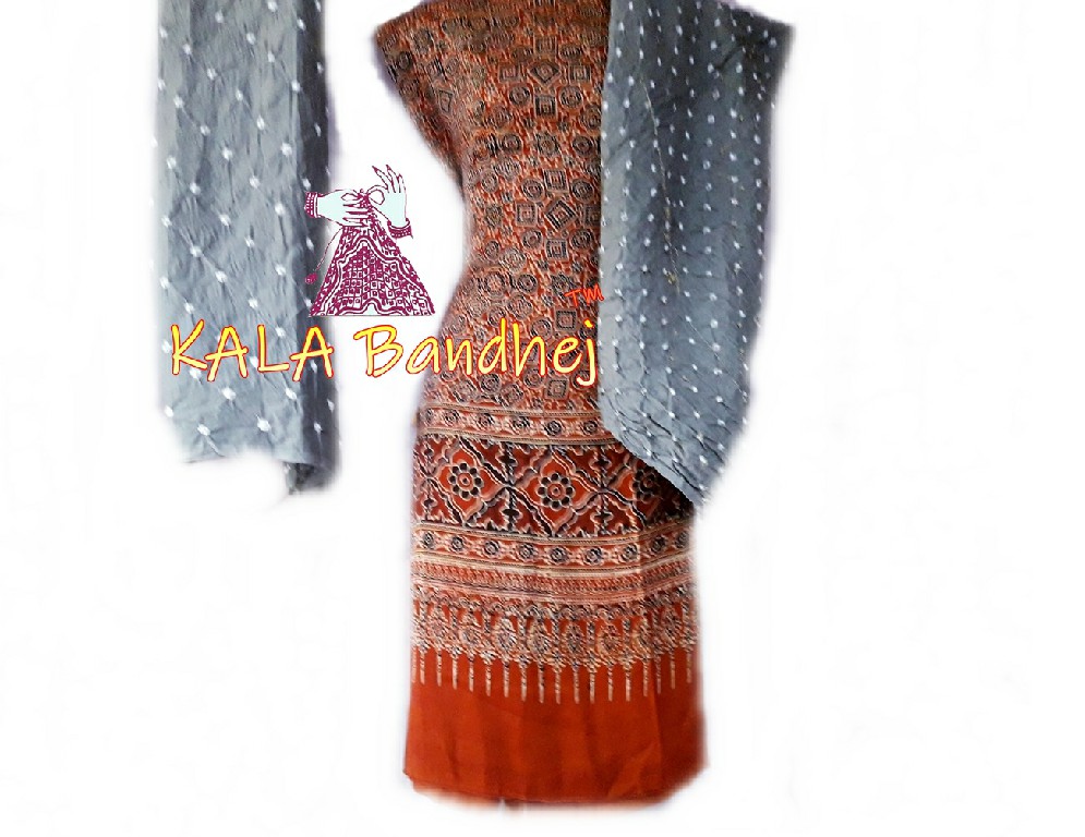 Rust Ajrak Silver Bandhani Gaji Silk Dress Material Ajrak Bandhani Dress