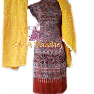 Rust Ajrak Yellow Bandhani Gaji Silk Dress Material Ajrak Bandhani Dress