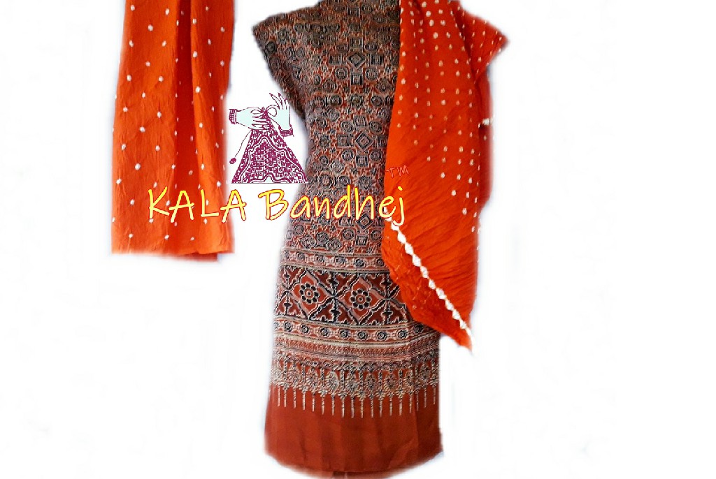 Rust Ajrak Orange Bandhani Gaji Silk Dress Material Ajrak Bandhani Dress