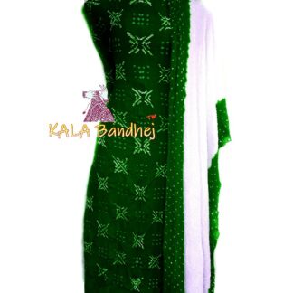 Bottle Green – White Crepe Silk Bandhani DressMaterial Crepe Silk Suit