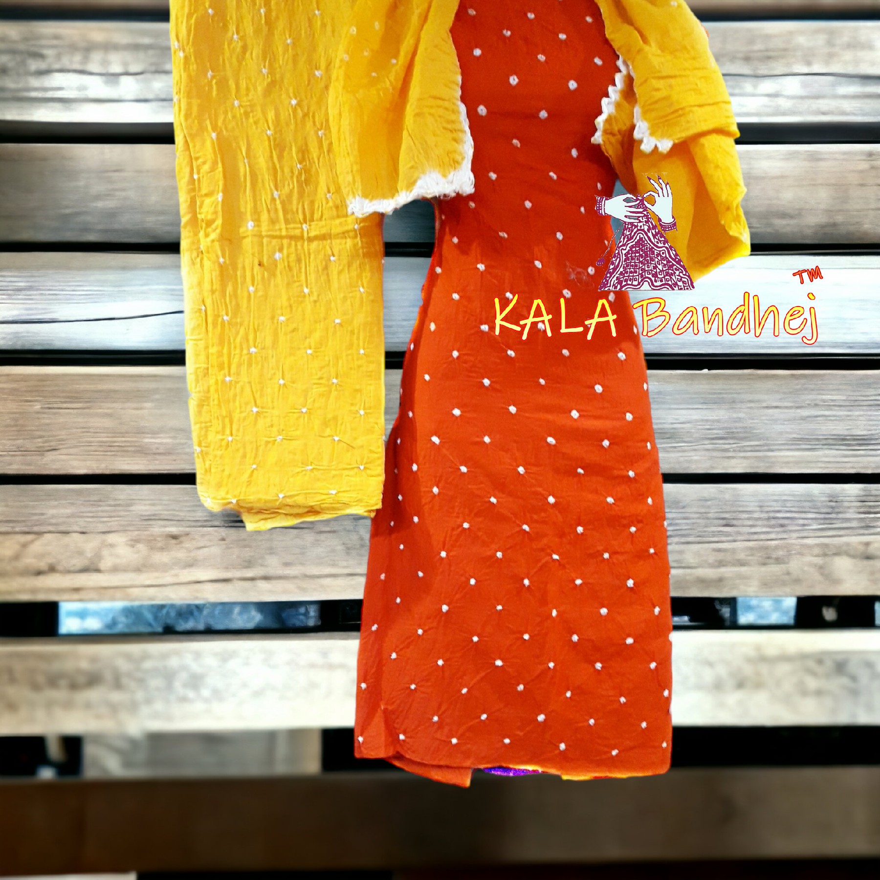 Yellow-Orange Cotton Bandhani Dress Material Cotton Suit
