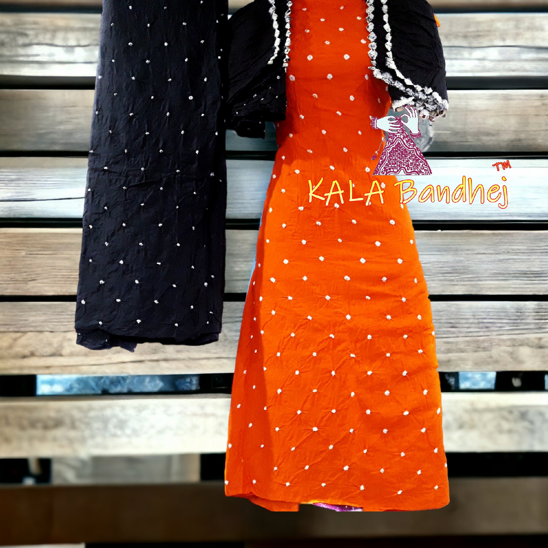 Black-Orange Cotton Bandhani Dress Material Cotton Suit
