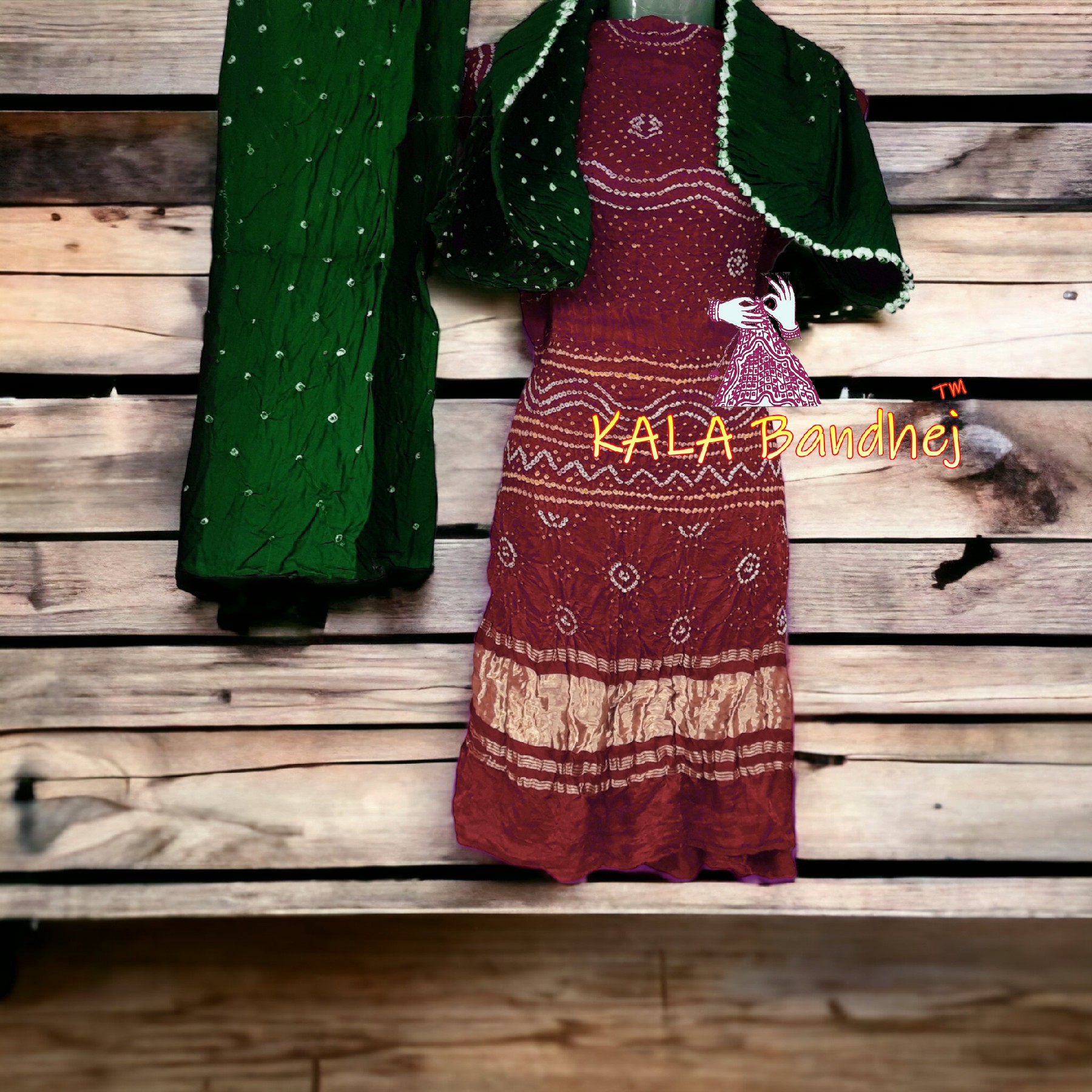 Magenta-Green Bandhani Chandrakhani Dress Material Chandrakhani Dress