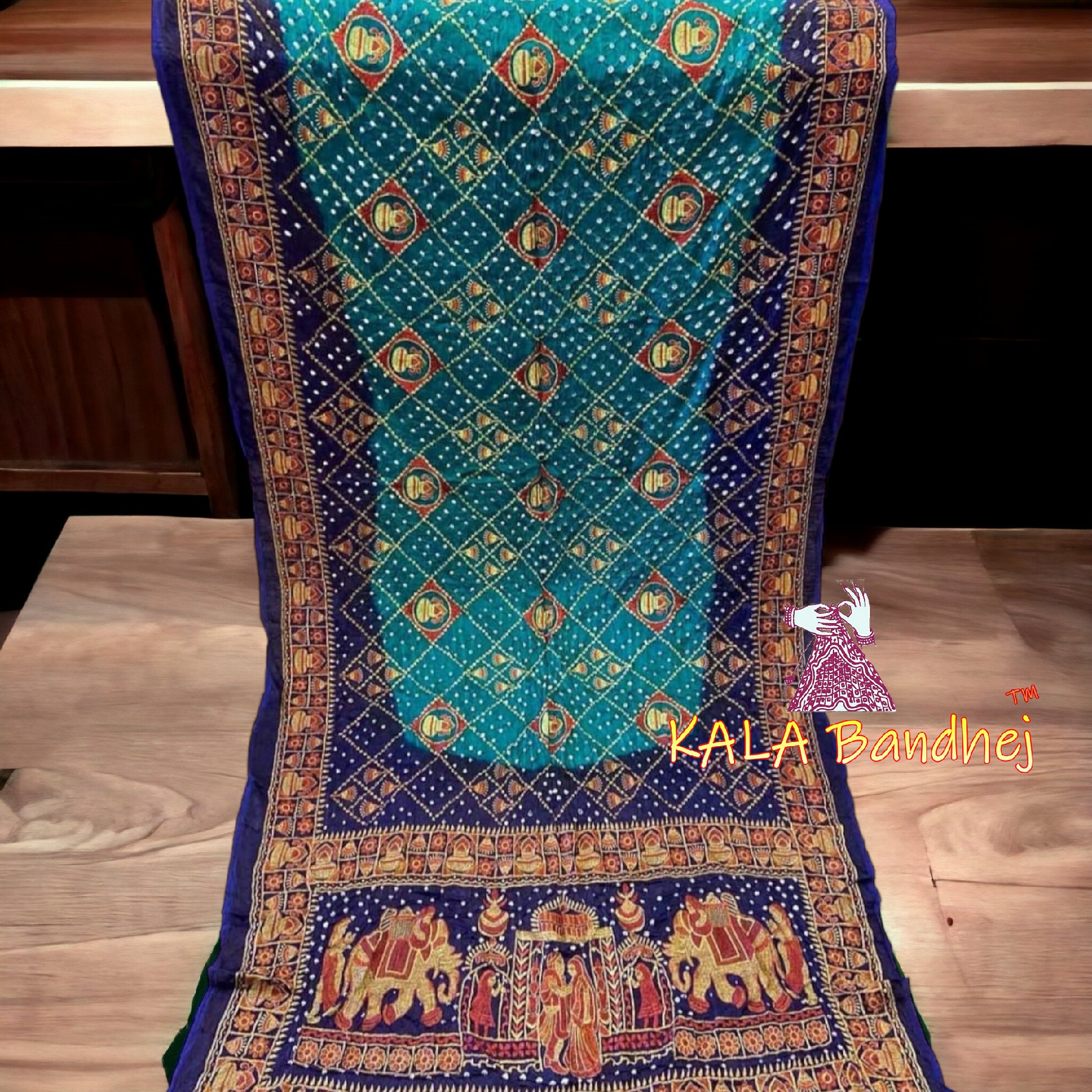 Blue Rama Bandhani Saree Embroidery Work Modal Silk Bandhani Saree