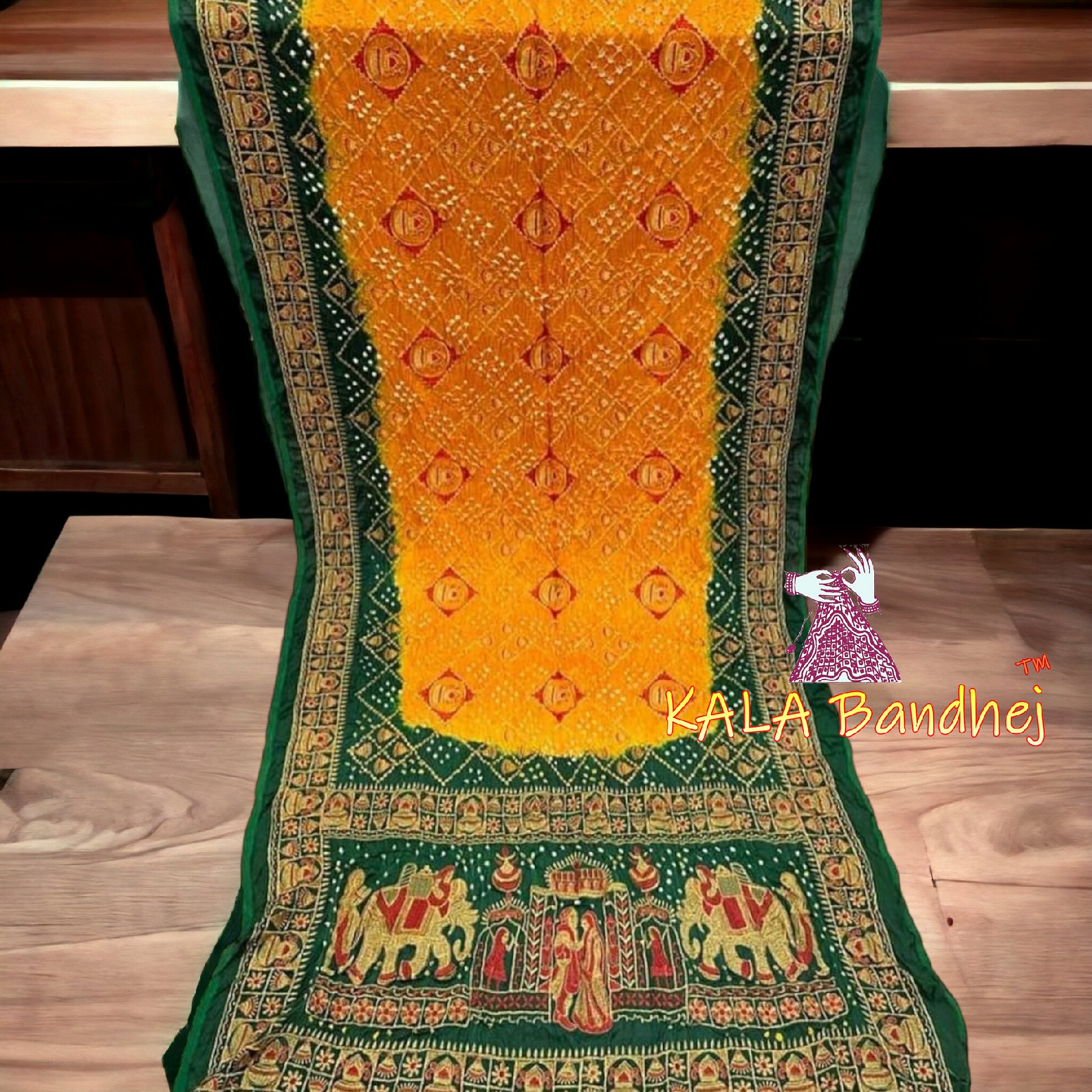 Green Golden Bandhani Saree Embroidery Work Modal Silk Bandhani Saree