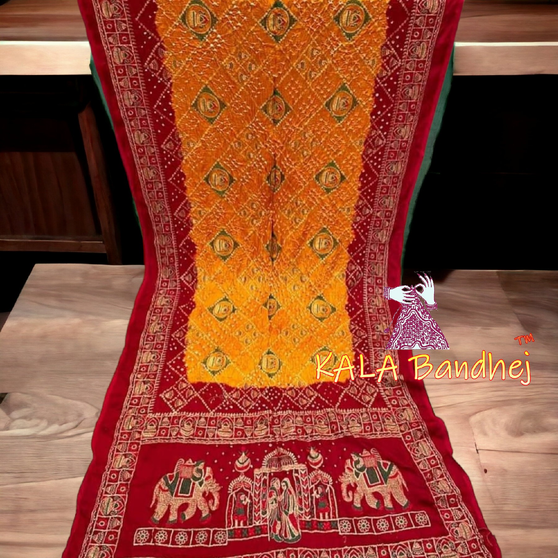 Red Golden Bandhani Saree Embroidery Work Modal Silk Bandhani Saree