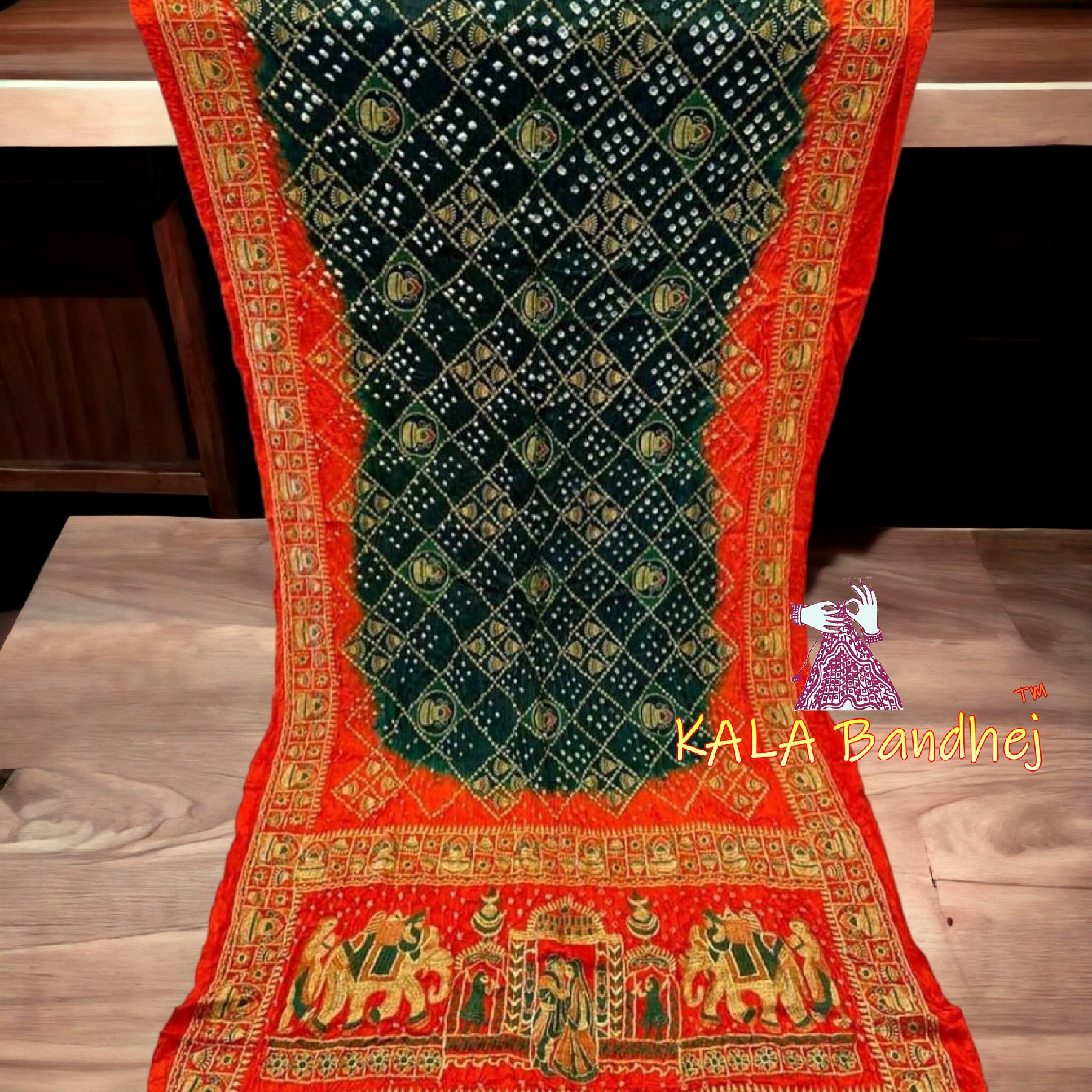 Orange Dark Green Bandhani Saree Embroidery Work Modal Silk Bandhani Saree