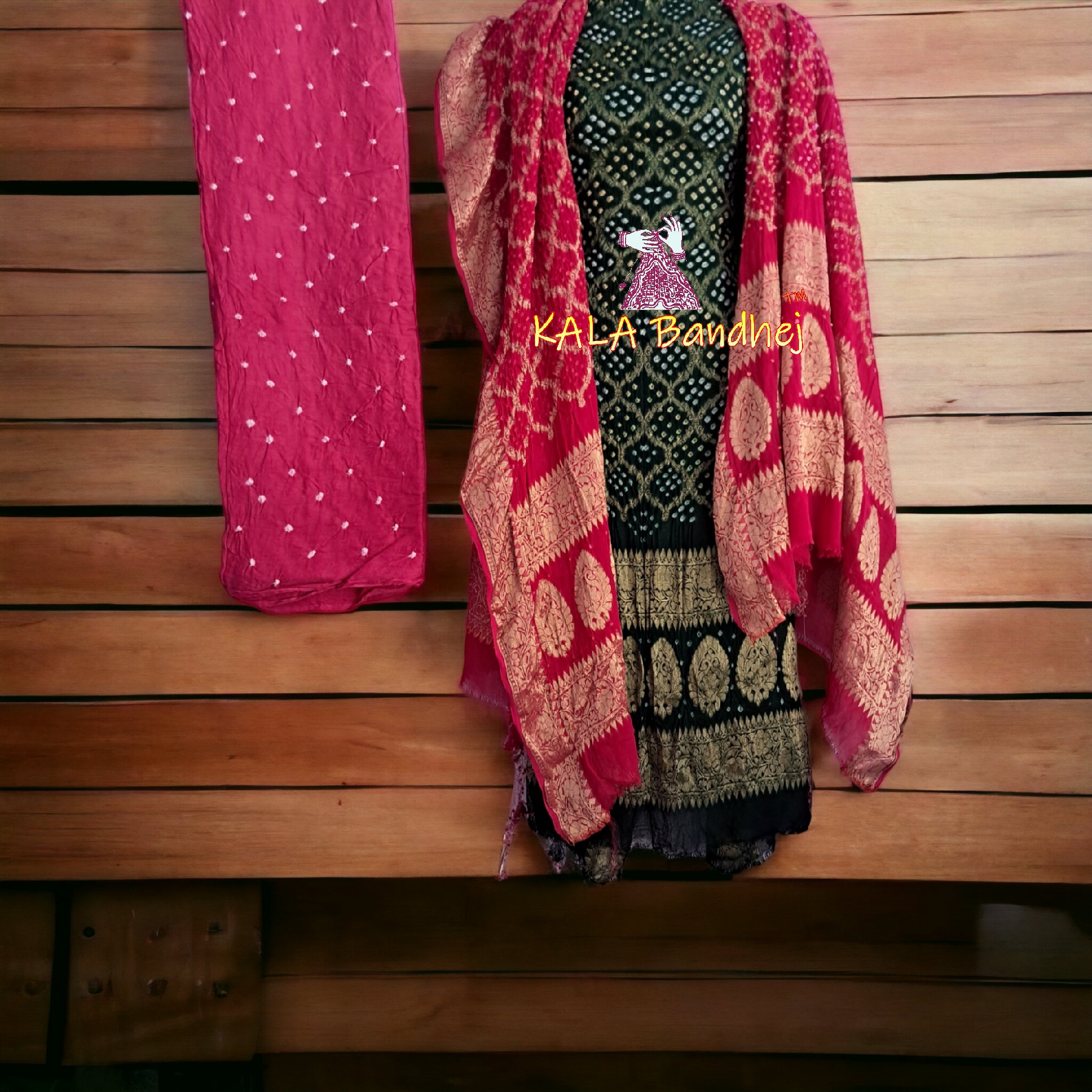 Bottle Green Pink Georgette Silk Bandhani Banarasi Dress Material Banarasi Bandhani Dress