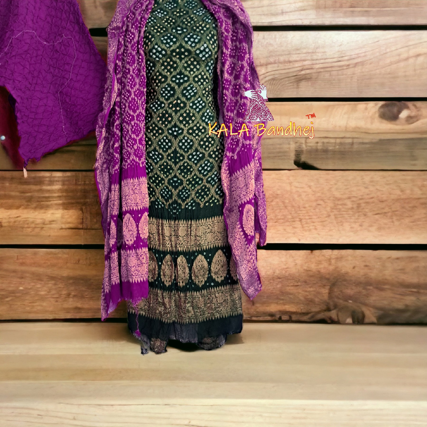 Bottle Green Magenta Georgette Silk Bandhani Banarasi Dress Material Banarasi Bandhani Dress