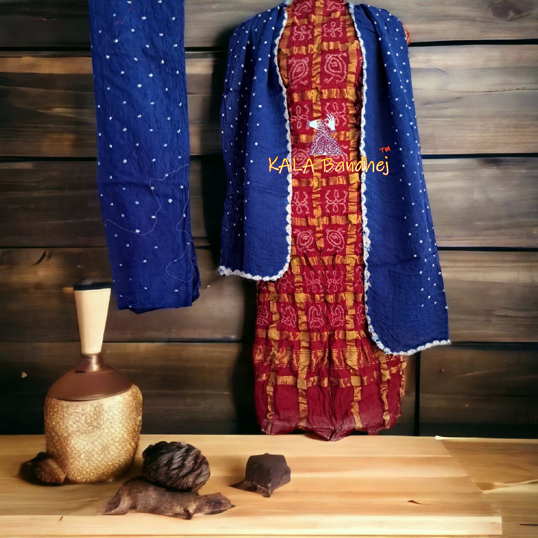 Red Blue Kala Cotton Wedding Gharchola Dress Material Bandhani Dress Material