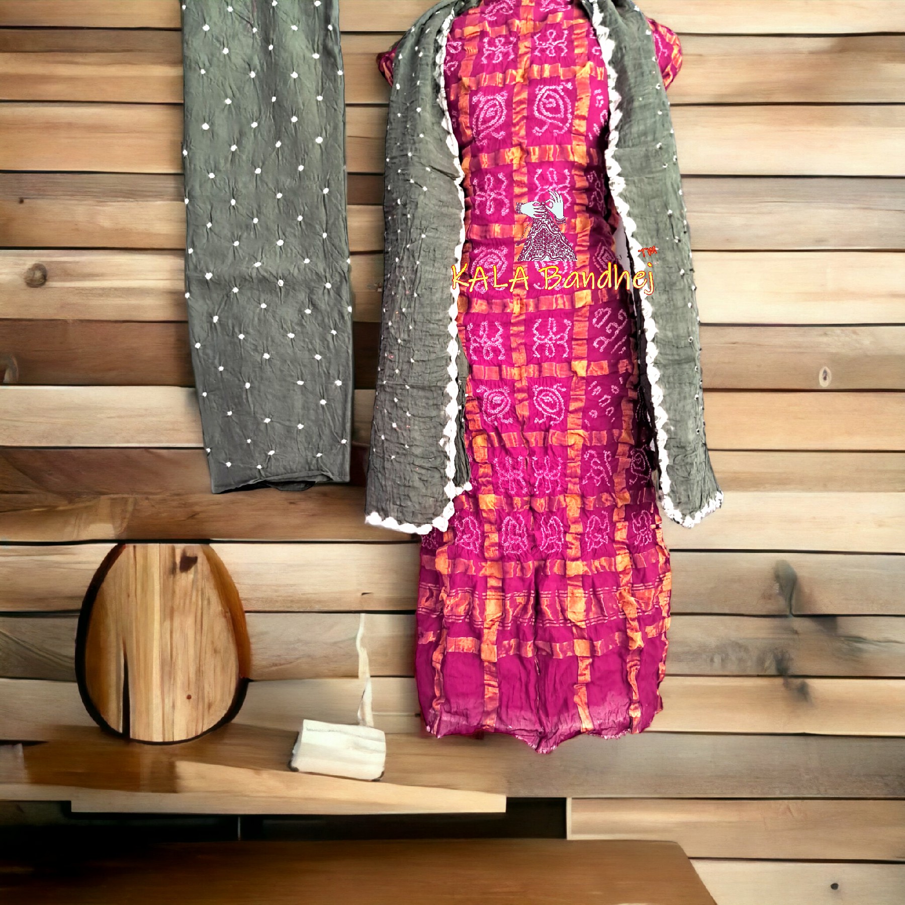Pink Grey Kala Cotton Wedding Gharchola Dress Material Bandhani Dress Material