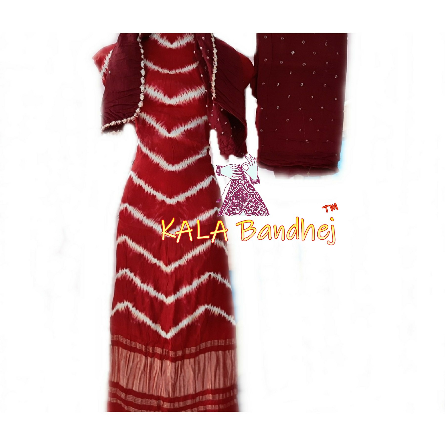 Red Brown Leheriya Bandhani Shibori Dress Material Dress Materials