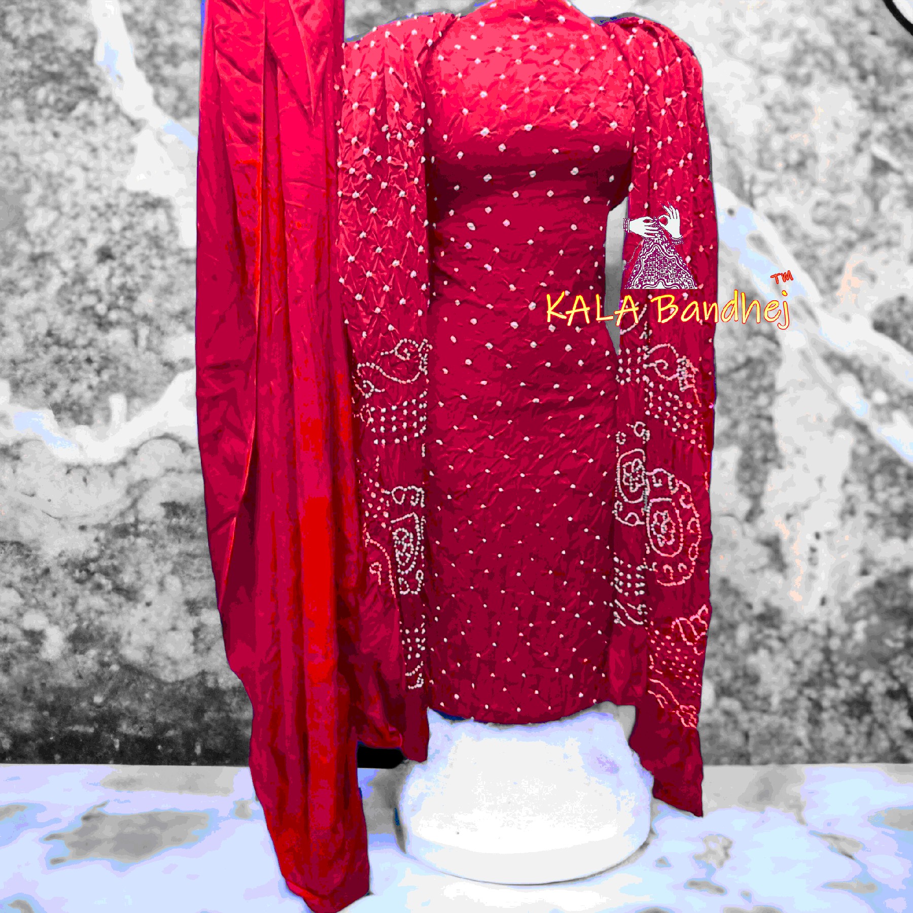 Red Bandhani Dress Material Modal Silk Dress Materials