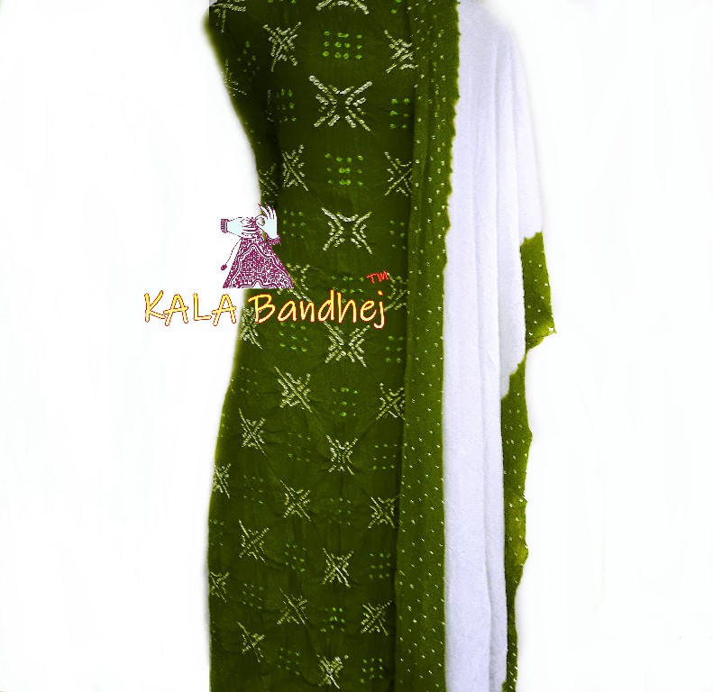 Olive – White Crepe Silk Bandhani DressMaterial Crepe Silk Suit