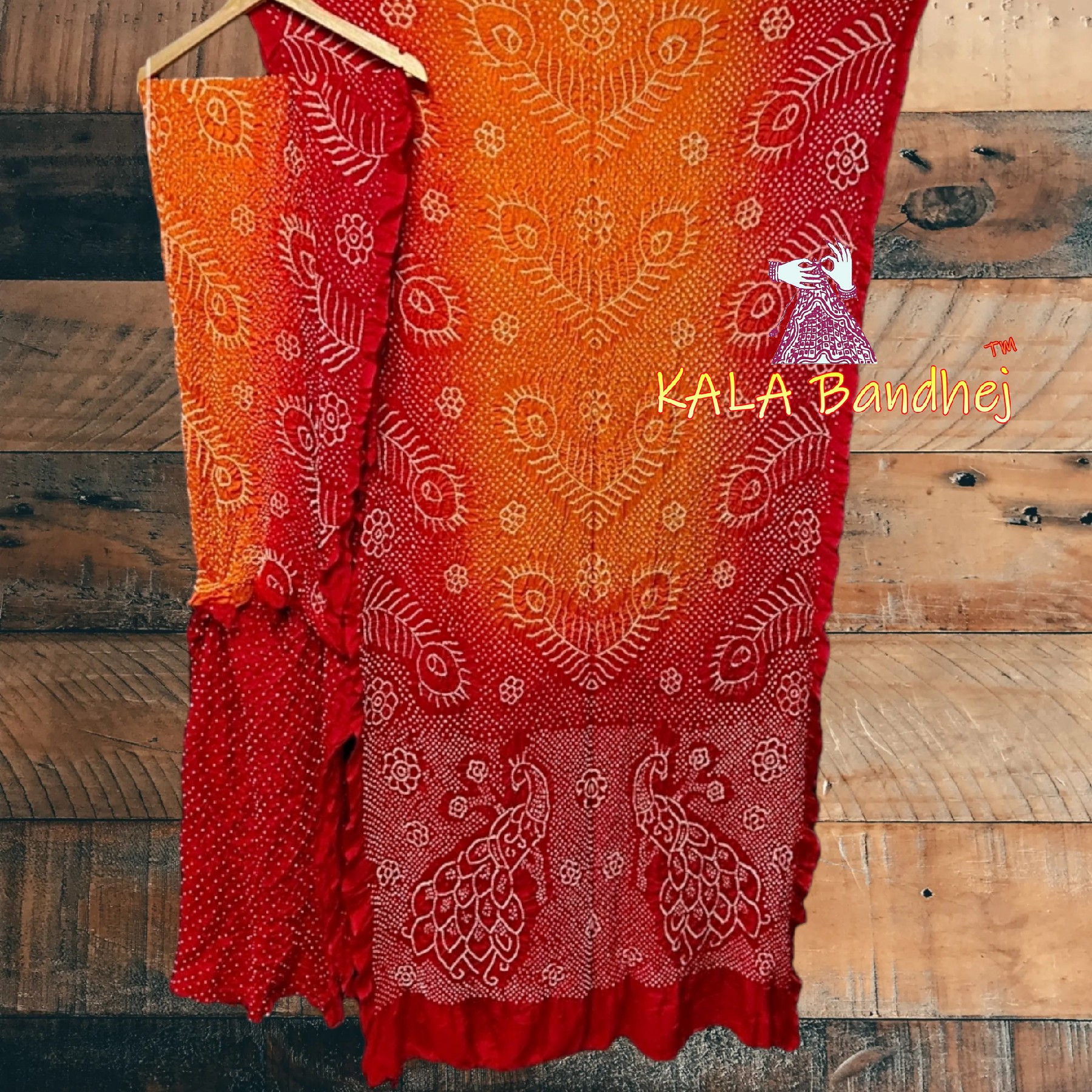 Red Orange Peacock Bandhani Designer Saree Pure Gaji Silk Bandhani Saree