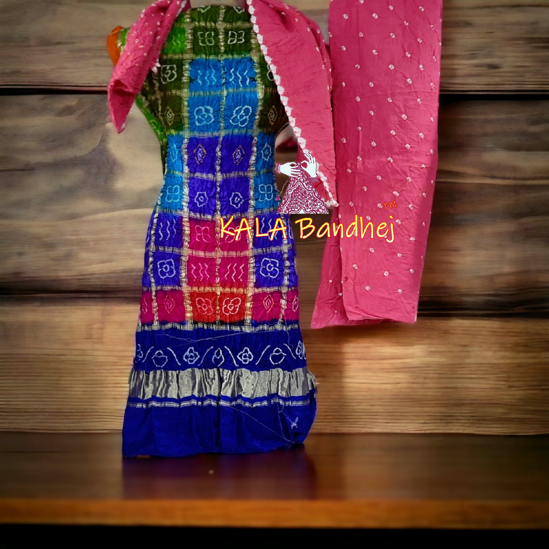 Blue Pink Bandhani Gharchola Dress Material Pure GajiSilk Bandhani Dress Material