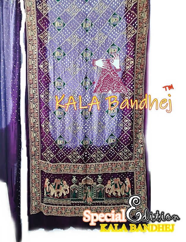 Wine-Lavender Bandhani Saree Embroidery Work Gaji Silk Bandhani Saree