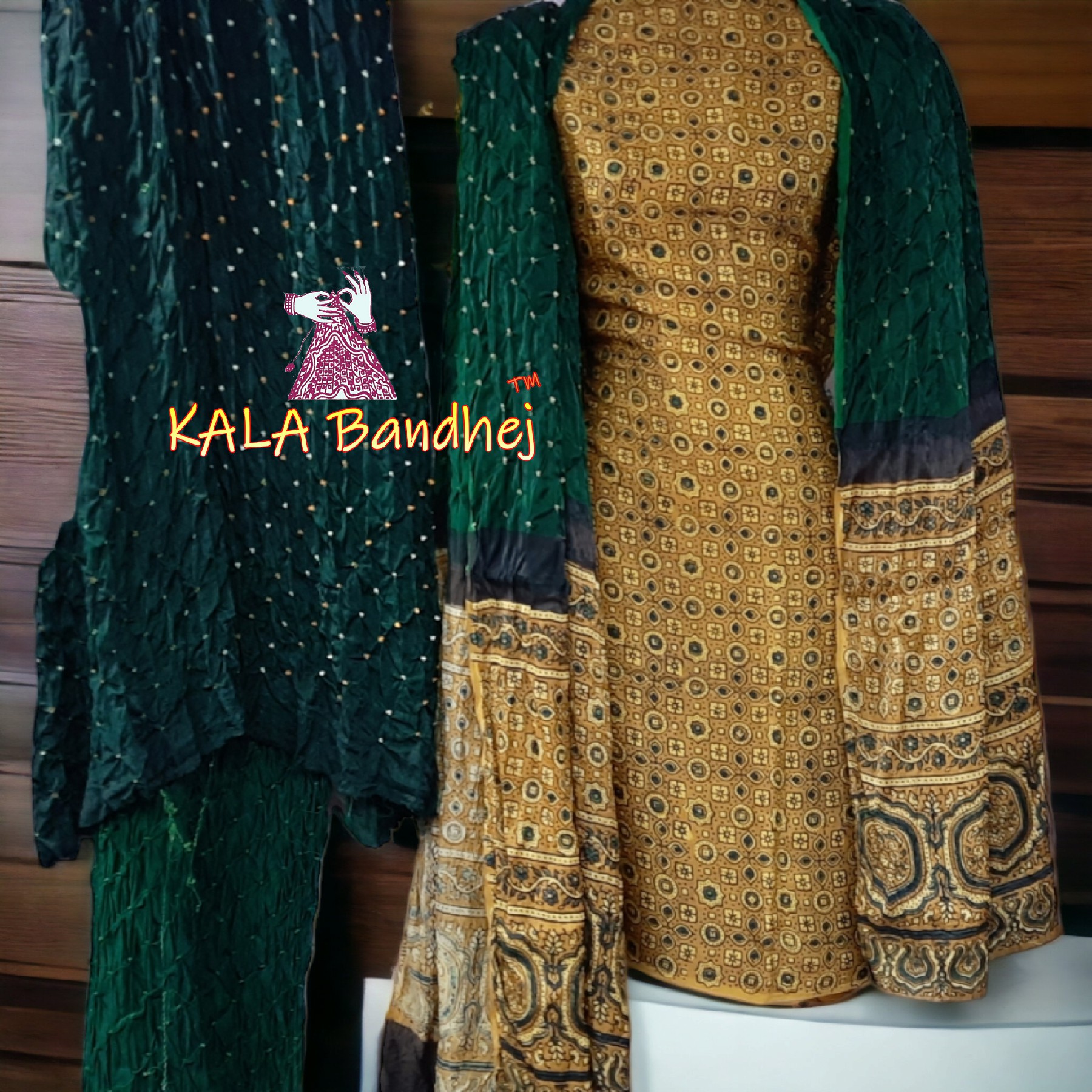 Haldi Ajrak Green Bandhani Gaji Silk Dress Material Ajrak Bandhani Dress