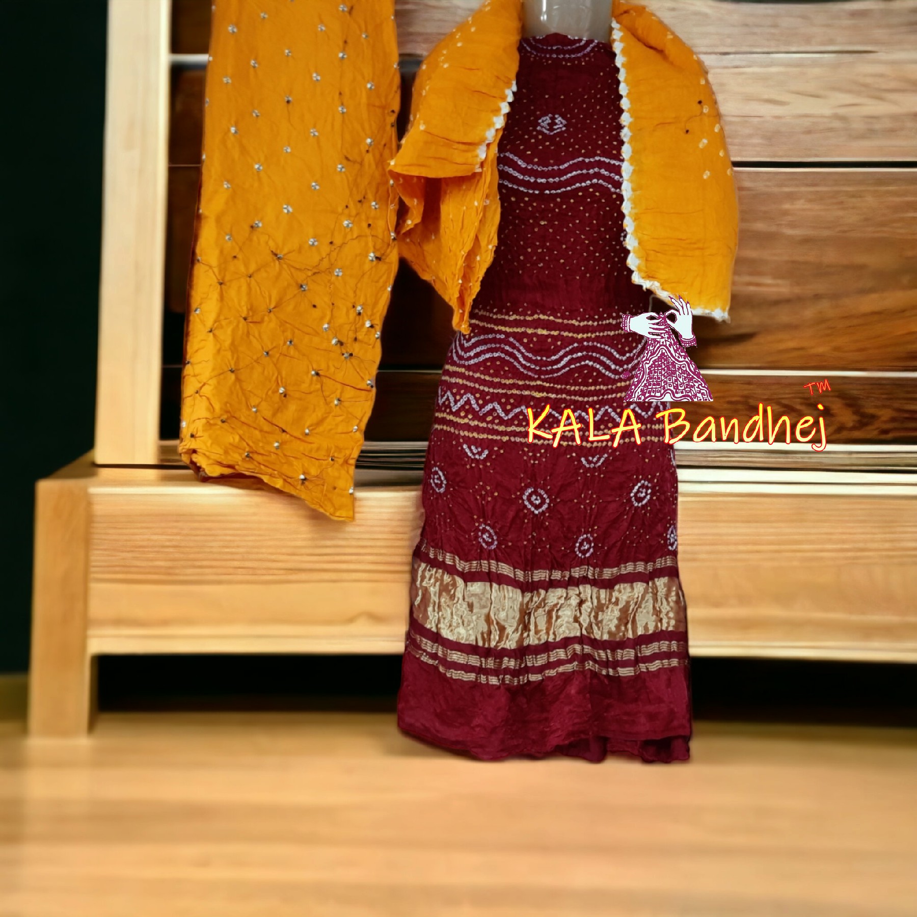 Red-Golden Bandhani Chandrakhani Dress Material Chandrakhani Dress