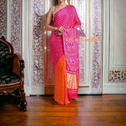 Pink Orange Bandhani Saree Pure Gaji Silk Bandhani Saree